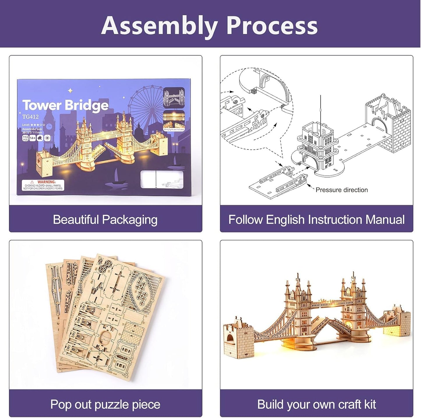 ROBOTIME 3D Wooden Puzzle London Tower Bridge Model Kit For Adults Xmas Gifts TG412